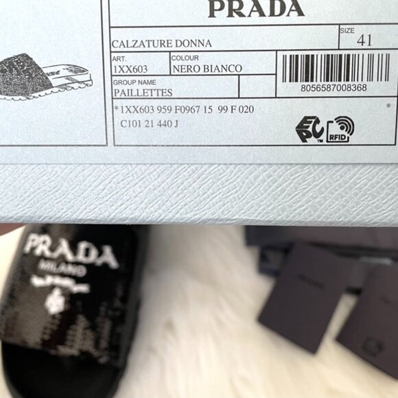 Prada Black Sequin White Logo Slide Sandal - Picture 3 of 12